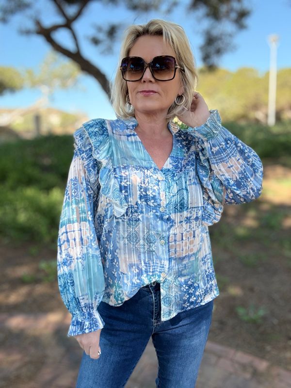 Frill mix blouse blå