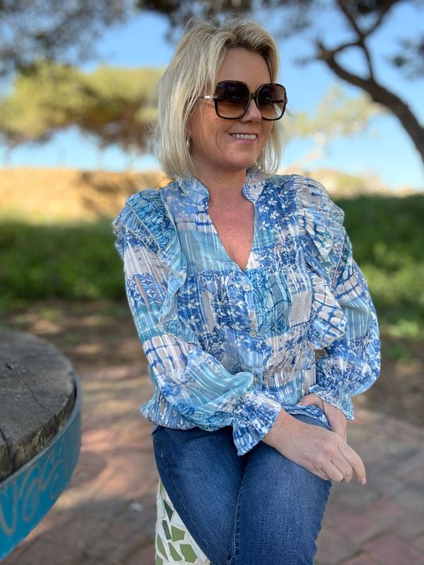 Frill mix blouse blå